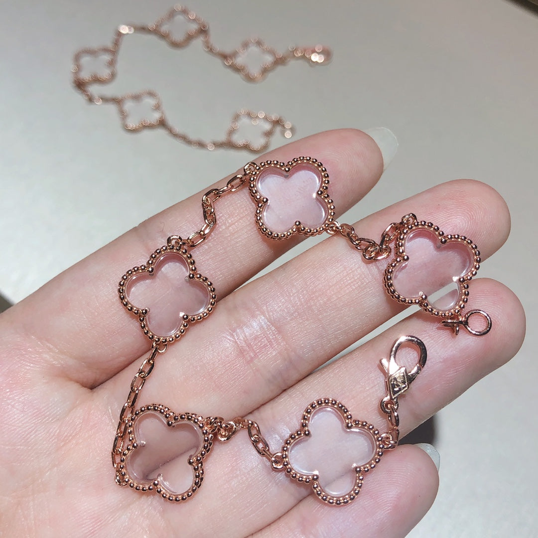 [Luxe]CLOVER 5 MOTIF ROCK CRYSTAL PINK GOLD BRACELET