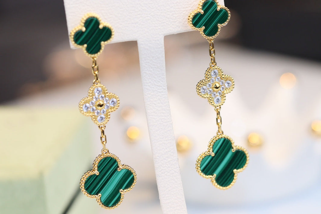[LUXE]CLOVER EARRINGS GOLD MALACHITE DIAMOND 3 MOTIF