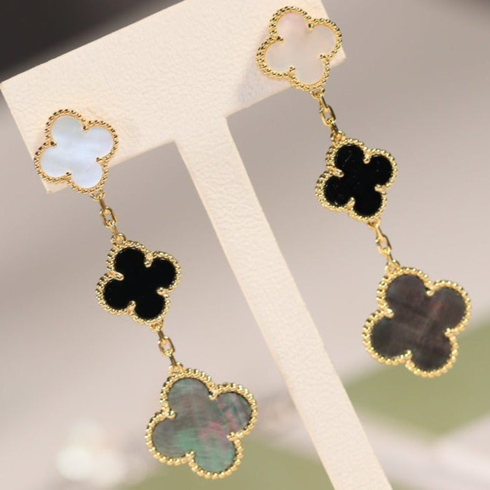 [LUXE]CLOVER EARRINGS GOLD ONYX MOP 3 MOTIF