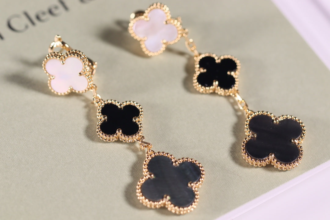 [Luxe]CLOVER EARRINGS GOLD ONYX MOP 3 MOTIF