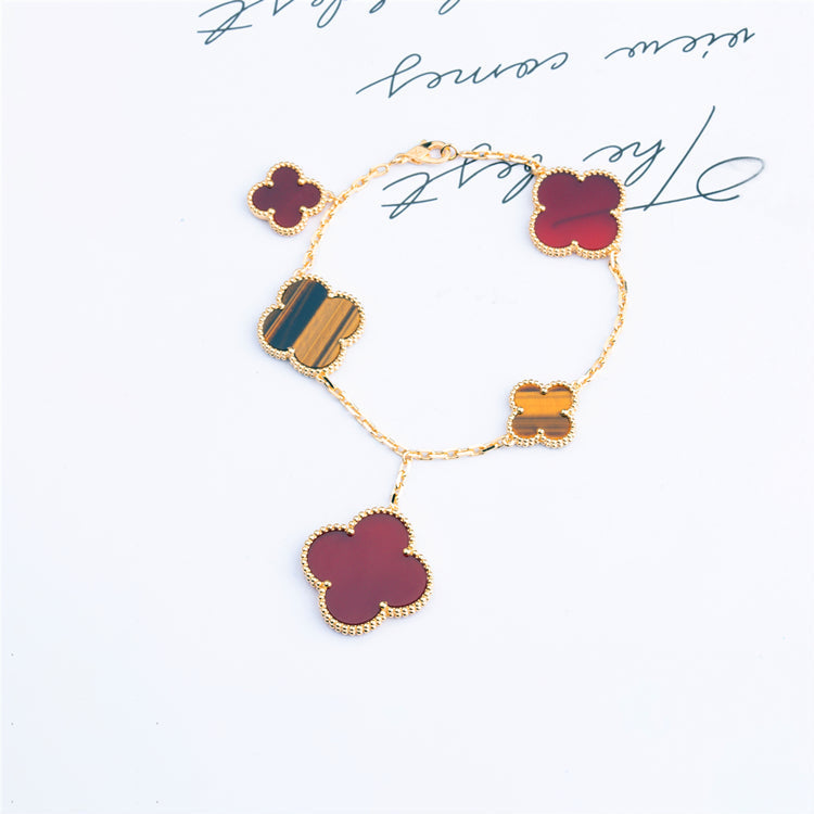[LUXE]CLOVER BRACELET 5 MOTIFS CARNELIAN TIGER EYE
