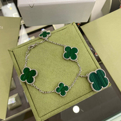 [Luxe]CLOVER 5 MOTIFS SIVLER MALACHITE BRACELET