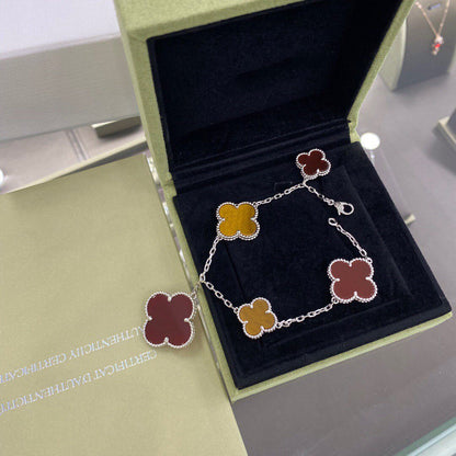 [LUXE]CLOVER 5 MOTIFS SIVLER CARNELIAN TIGER EYE ARMBAND
