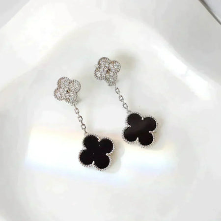 [Luxe Jewelry]CLOVER 2 MOTIFS  DIAMOND ONYX EARRINGS SILVER