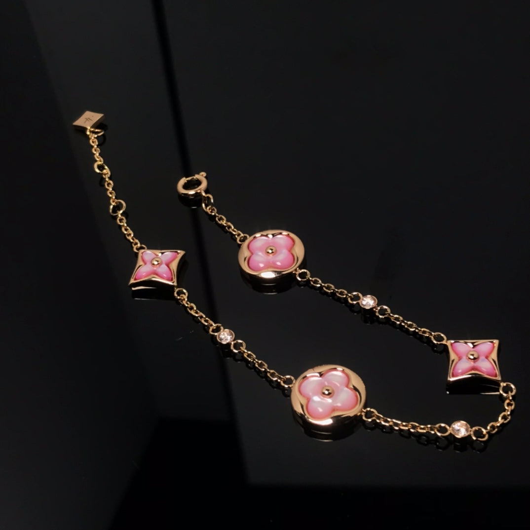 [Luxe]STAR AND SUN 4 MOTIF PINK MOP PINK GOLD BRACELET