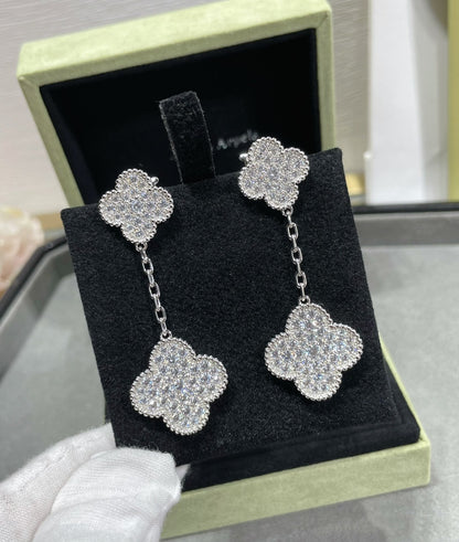 [Luxe]CLOVER 2 MOTIFS DIAMOND PAVED SILVER EARRINGS