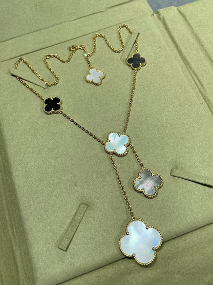 [Luxe]CLOVER 6 MOTIF MOP ONYX GOLD NECKLACE