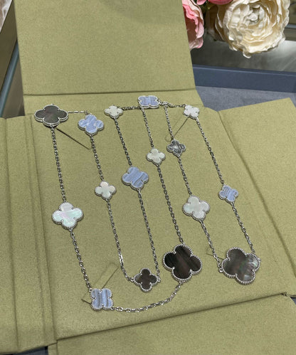 [LUXE]クローバー 16モチーフ カルセドニー モップ シルバーネックレス