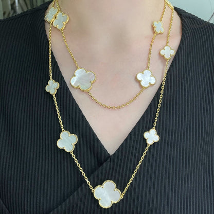 [Luxe]CLOVER 16 MOTIF WHITE MOP GOLD NECKLACE