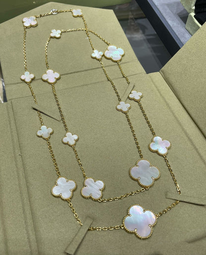 [Luxe]CLOVER 16 MOTIF WHITE MOP GOLD NECKLACE