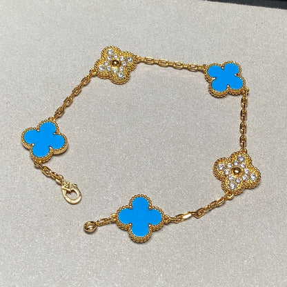 [Luxe]CLOVER 5 MOTIF BLUE CHALCEDONY DIAMOND GOLD BRACELET