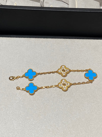 [Luxe]CLOVER 5 MOTIF BLUE CHALCEDONY DIAMOND GOLD BRACELET