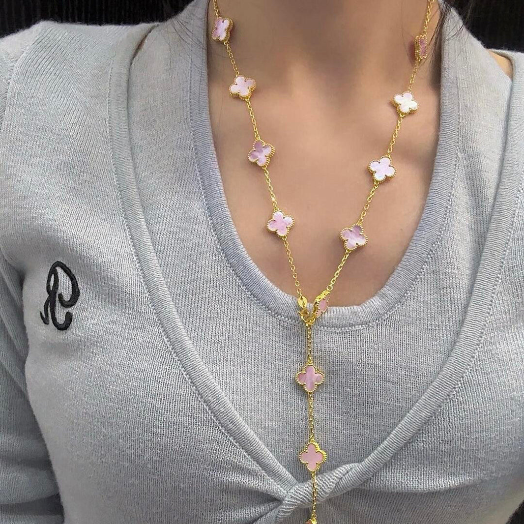 [LUXE]クローバー 20モチーフ ピンク モップネックレス