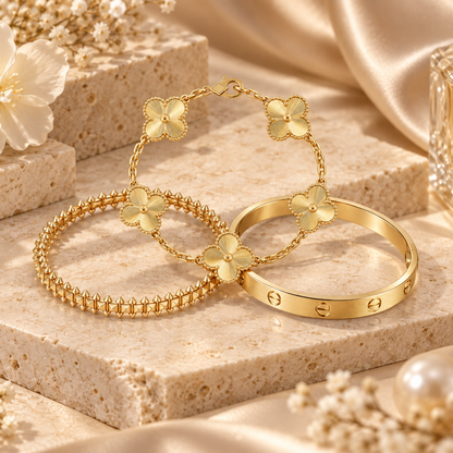 [Luxe Jewelery] CLASH & Clover Laser 5-Motif & LOVE Brushed Bracelet Stack Set
