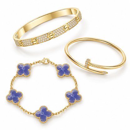 [Luxe Jewelery] LOVE & JUSTE & Blue Veins Clover 5-Motif Diamond Bracelet Stack Set