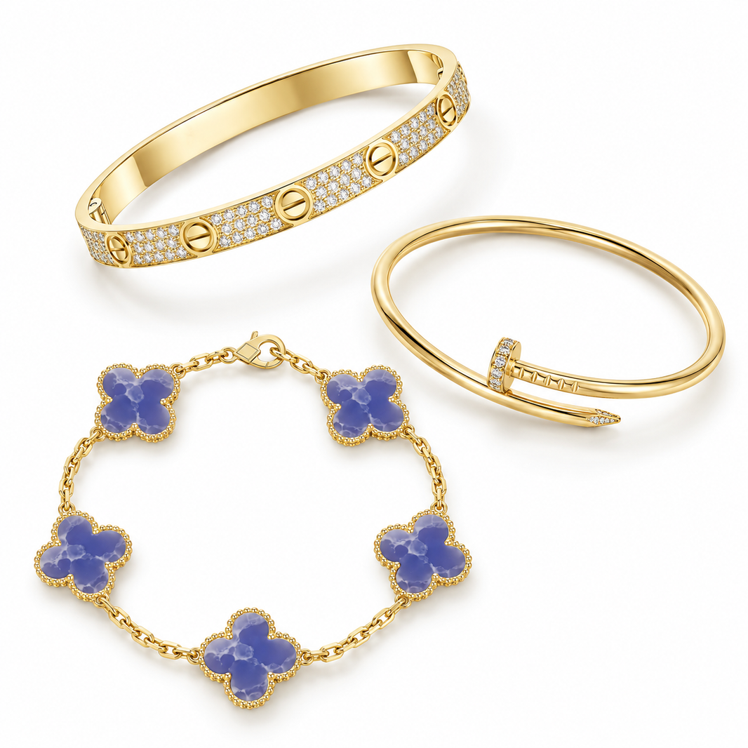 [Luxe Jewelery] LOVE & JUSTE & Blue Veins Clover 5-Motif Diamond Bracelet Stack Set