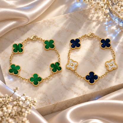 [Luxe Jewelery]Clover 5-Motif Malachite & Pietersite Bracelet Stack Set