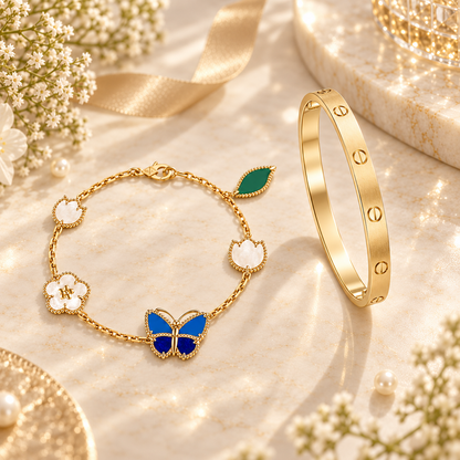 [Luxe Jewelery] LOVE Brushed & Lucky Spring Butterfly 5-Motif Bracelet Stack Set