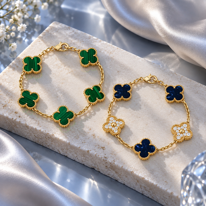 [Luxe Jewelery]Clover 5-Motif Malachite & Pietersite Bracelet Stack Set