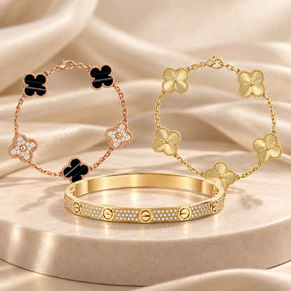 [Luxe Jewelery]Clover Laser  Pulsar Stone 5-Motif & LOVE Diamond-Paved Bracelet Stack Set