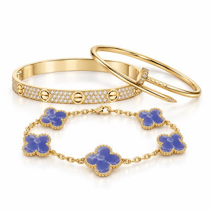 [Luxe Jewelery] LOVE & JUSTE & Blue Veins Clover 5-Motif Diamond Bracelet Stack Set