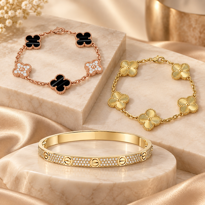 [Luxe Jewelery]Clover Laser  Pulsar Stone 5-Motif & LOVE Diamond-Paved Bracelet Stack Set