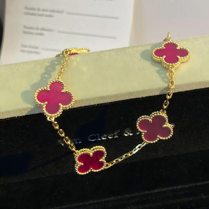 [LUXE]NEW CLOVER 5 MOTIFS PINK ENAMEL BRACELET