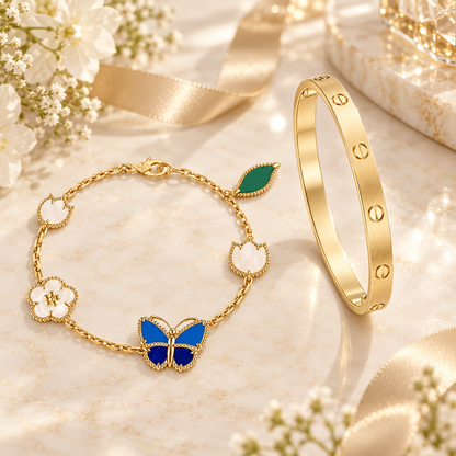 [Luxe Jewelery] LOVE Brushed & Lucky Spring Butterfly 5-Motif Bracelet Stack Set
