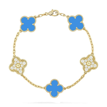 [Luxe]CLOVER 5 MOTIF BLUE CHALCEDONY DIAMOND GOLD BRACELET