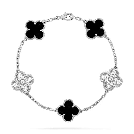 [Luxe]CLOVER 5 MOTIF ONYXS DIAMOND BRACELET SILVER