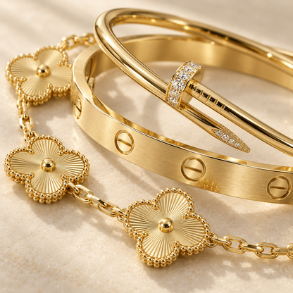 [Luxe Jewelery] Clover & Love & Juste 3-Piece Gold Bracelet Stack Set