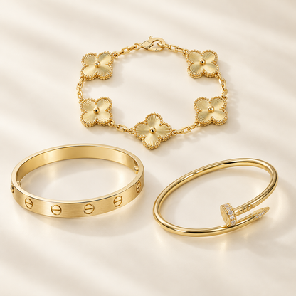 [Luxe Jewelery] Clover & Love & Juste 3-Piece Gold Bracelet Stack Set
