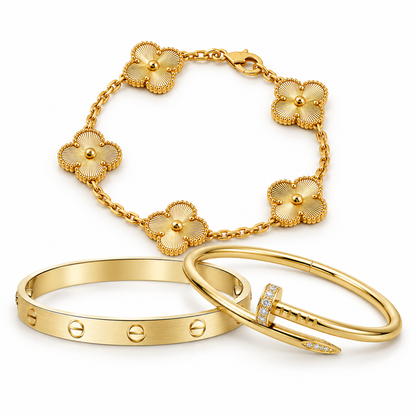 [Luxe Jewelery] Clover & Love & Juste 3-Piece Gold Bracelet Stack Set