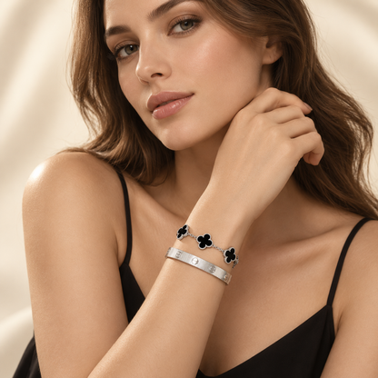 [Luxe Jewelery]Clover & Love Sliver 2-Piece Bracelet Stack Set
