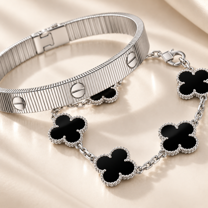 [Luxe Jewelery]Clover & Love Sliver 2-Piece Bracelet Stack Set
