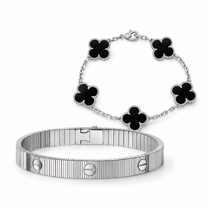 [Luxe Jewelery]Clover & Love Sliver 2-Piece Bracelet Stack Set
