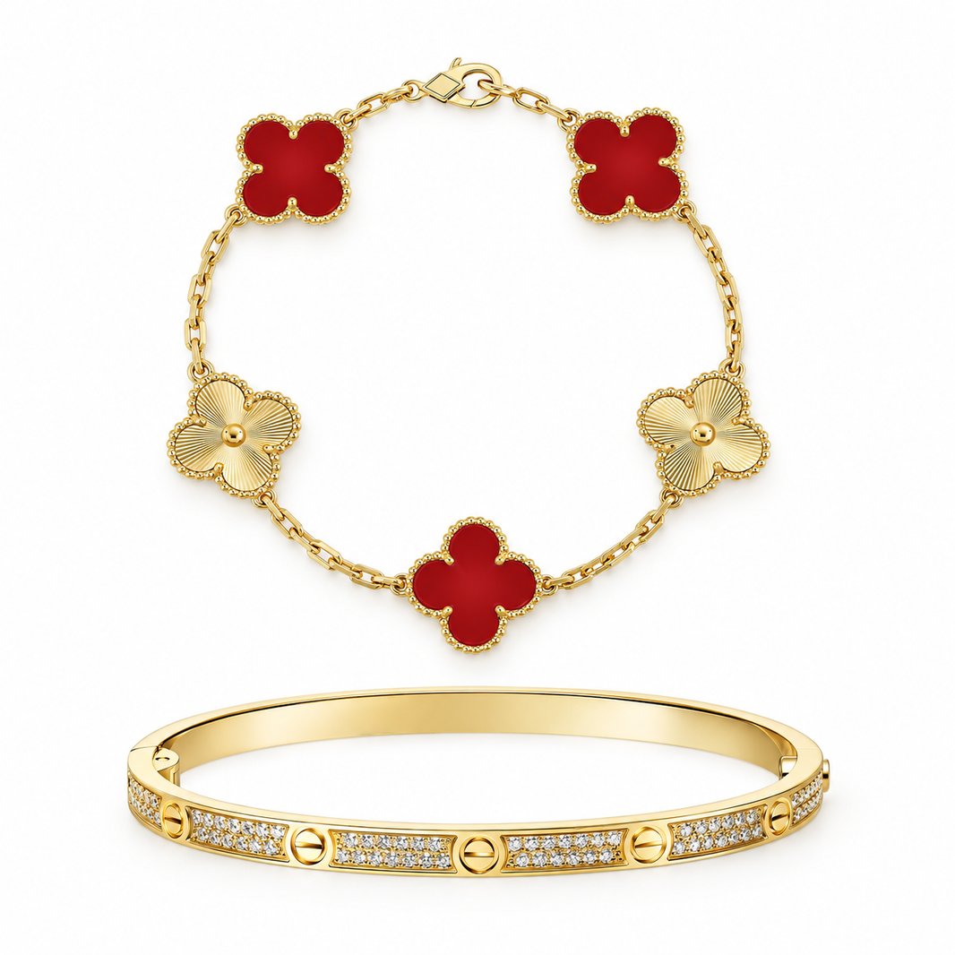 [Luxe Jewelery]Clover & Love Diamond-Paved Radiant Line 2-Piece Bracelet Stack Set
