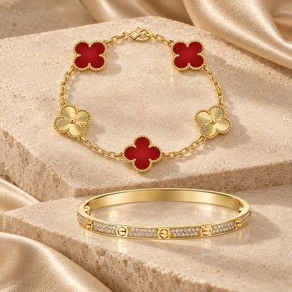[Luxe Jewelery]Clover & Love Diamond-Paved Radiant Line 2-Piece Bracelet Stack Set