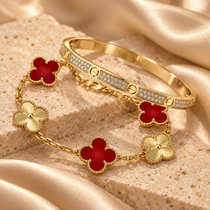 [Luxe Jewelery]Clover & Love Diamond-Paved Radiant Line 2-Piece Bracelet Stack Set