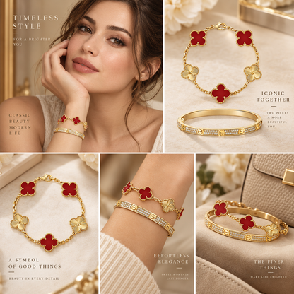 [Luxe Jewelery]Clover & Love Diamond-Paved Radiant Line 2-Piece Bracelet Stack Set