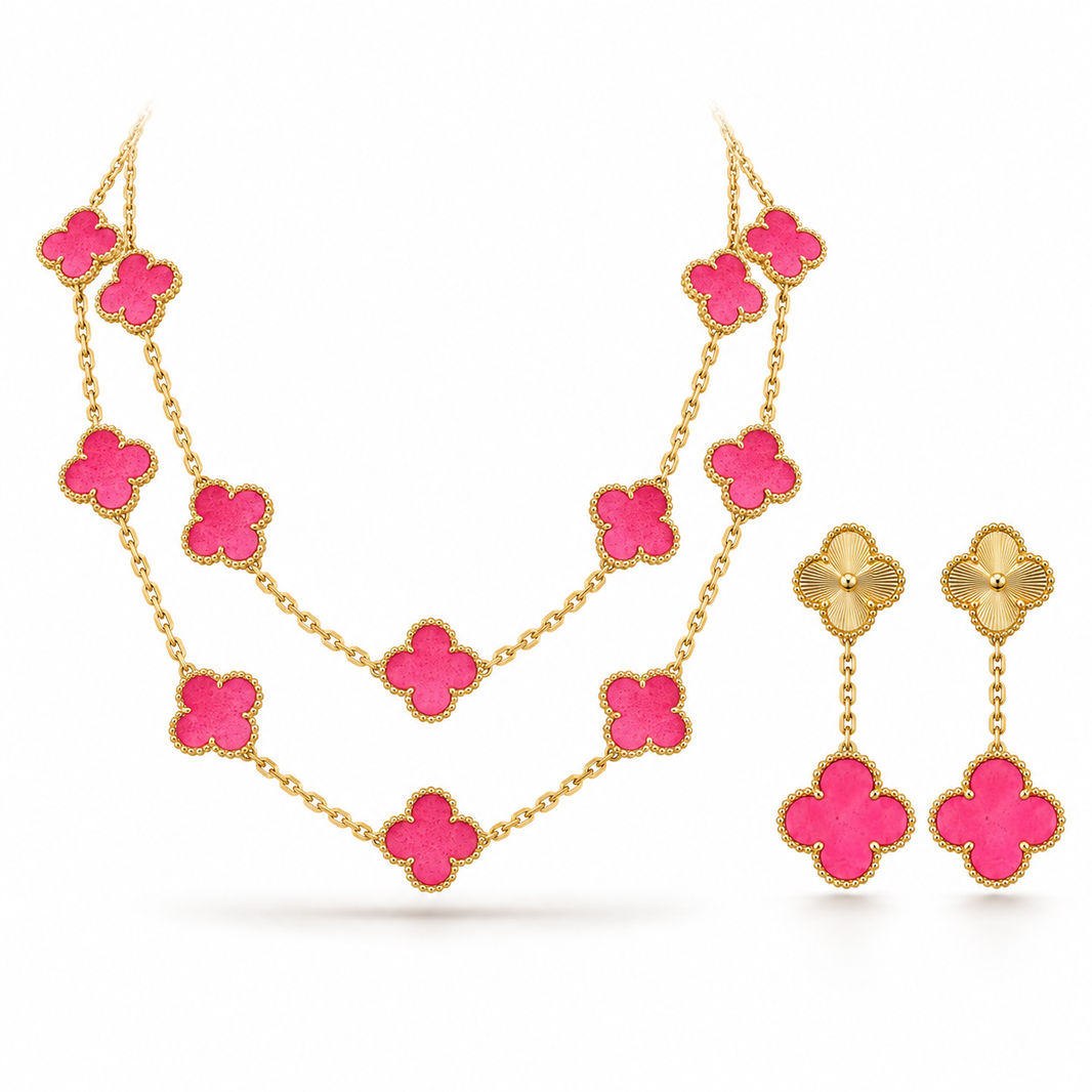 [Luxe Jewelery]Clover Pink Enamel Necklace & Earring Jewelry Set