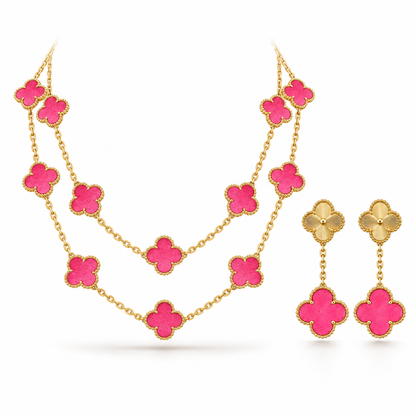[Luxe Jewelery]Clover Pink Enamel Necklace & Earring Jewelry Set