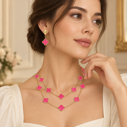 [Luxe Jewelery]Clover Pink Enamel Necklace & Earring Jewelry Set