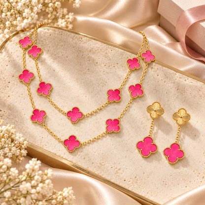 [Luxe Jewelery]Clover Pink Enamel Necklace & Earring Jewelry Set