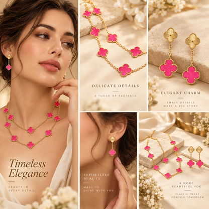 [Luxe Jewelery]Clover Pink Enamel Necklace & Earring Jewelry Set