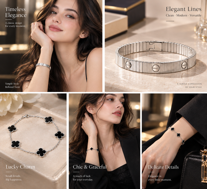 [Luxe Jewelery]Clover & Love Sliver 2-Piece Bracelet Stack Set