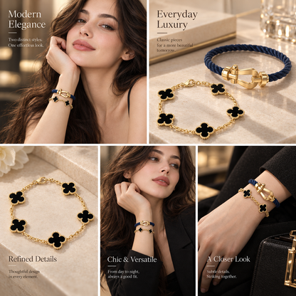 [Luxe Jewelery]Force Horseshoe & Clover 5 Motifs Bracelet Stack Set