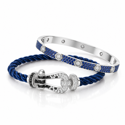 [Luxe Jewelery]Pave Gemstone Love &Force Large Horseshoe Diamond Duo Bracelet Stack Set