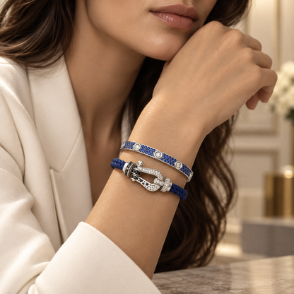 [Luxe Jewelery]Pave Gemstone Love &Force Large Horseshoe Diamond Duo Bracelet Stack Set