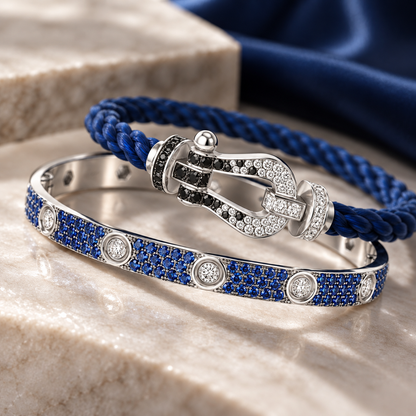 [Luxe Jewelery]Pave Gemstone Love &Force Large Horseshoe Diamond Duo Bracelet Stack Set